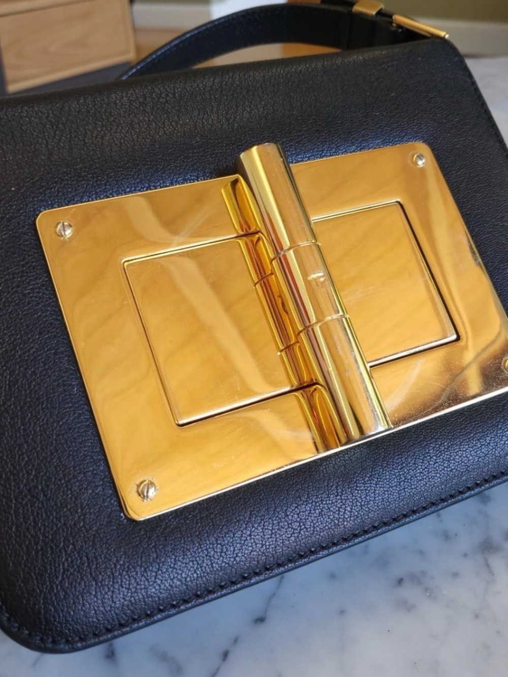 Tom Ford Black Leather Crossbody with Gold Hardware Plate